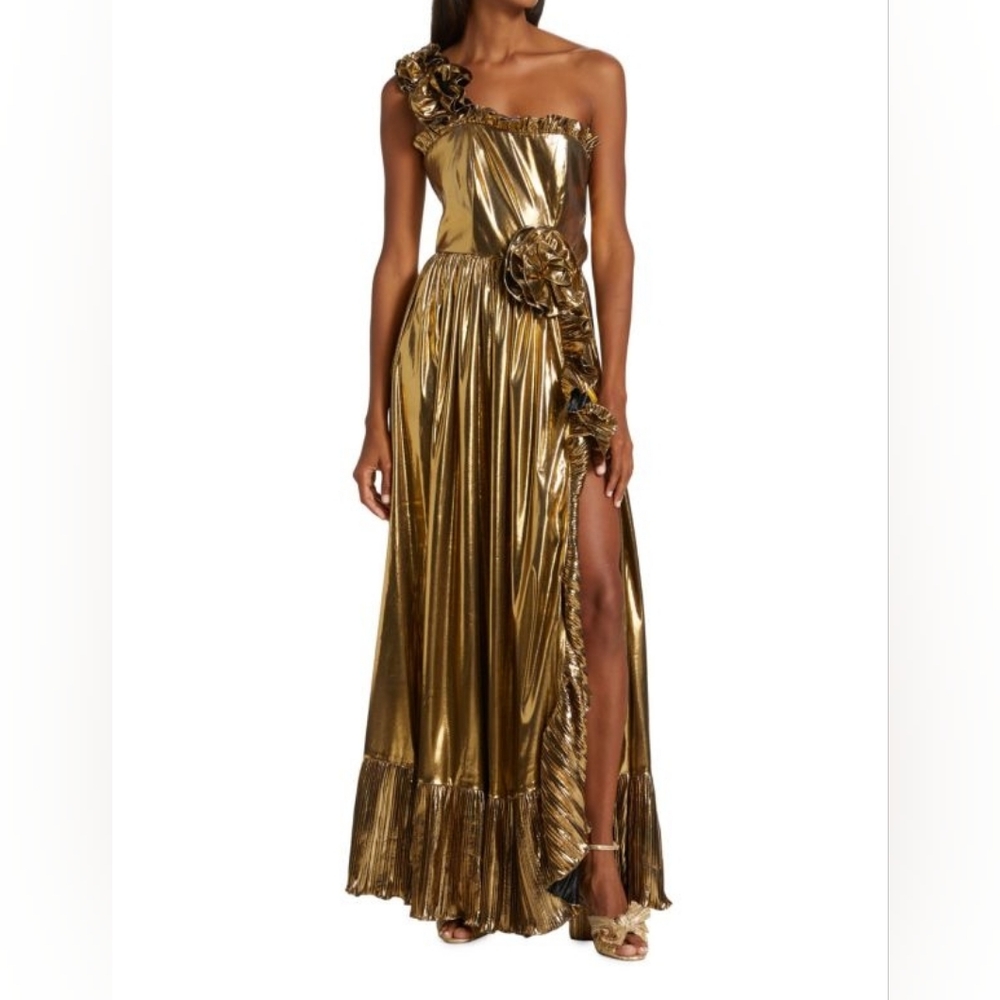 LSF Fazal Gold One-Shoulder Metallic Gown